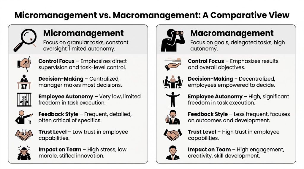 A comparison chart showing the differences between micromanagement and macromanagement styles in the workplace.