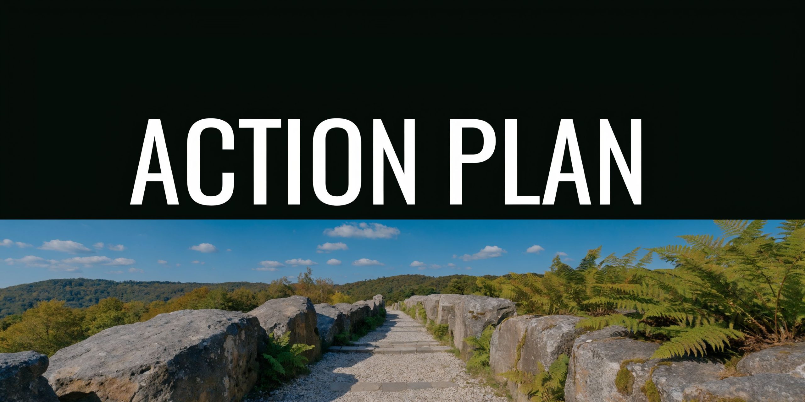 A stone path leading through a sunny, natural landscape with the text ACTION PLAN superimposed above.