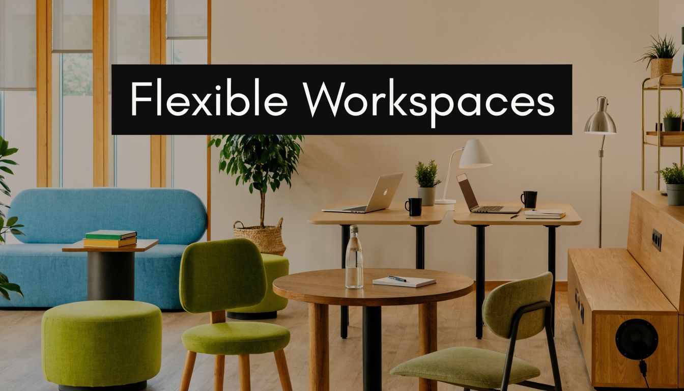 A modern, bright office interior featuring comfortable seating, wooden tables, and laptops for flexible work environments.