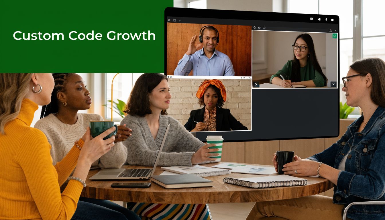 A diverse team of professionals collaborating during a hybrid meeting involving remote and in-person team members.