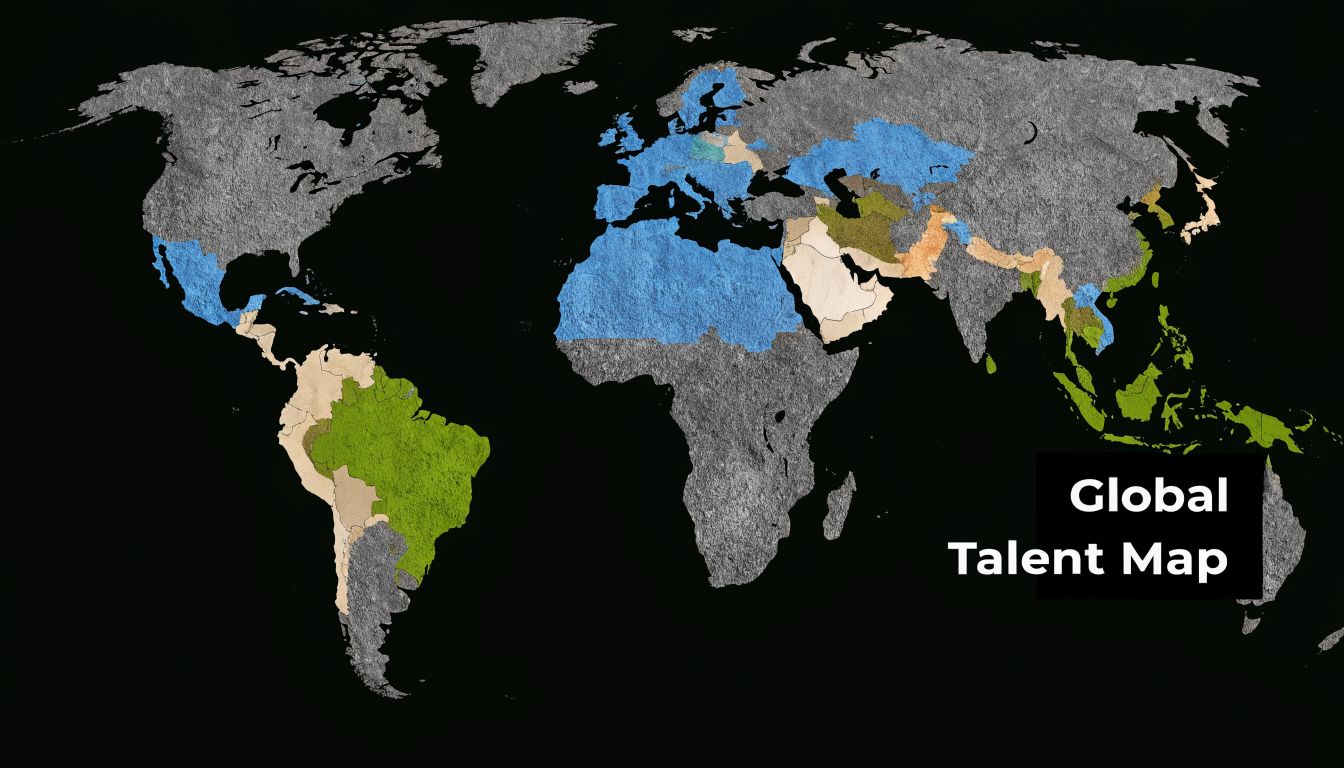 A world map colored in segments highlighting key regions for global talent and outsourced software development operations.