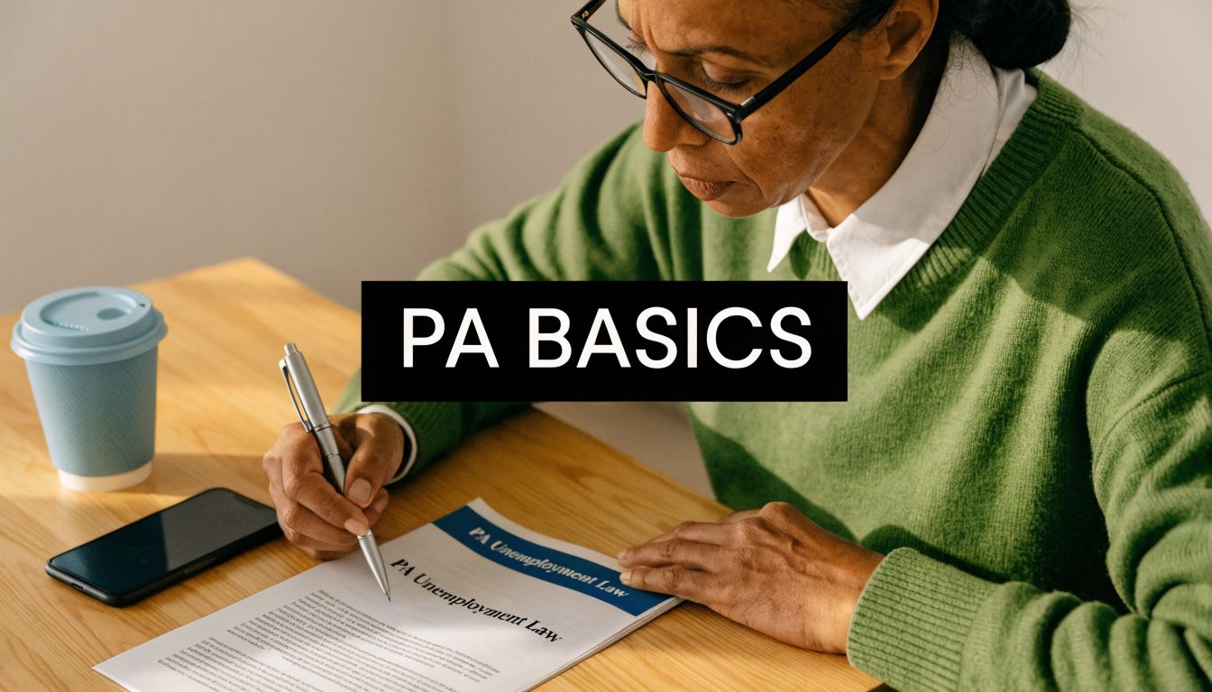 A woman in a green sweater reading a document about Pennsylvania unemployment law while taking notes.