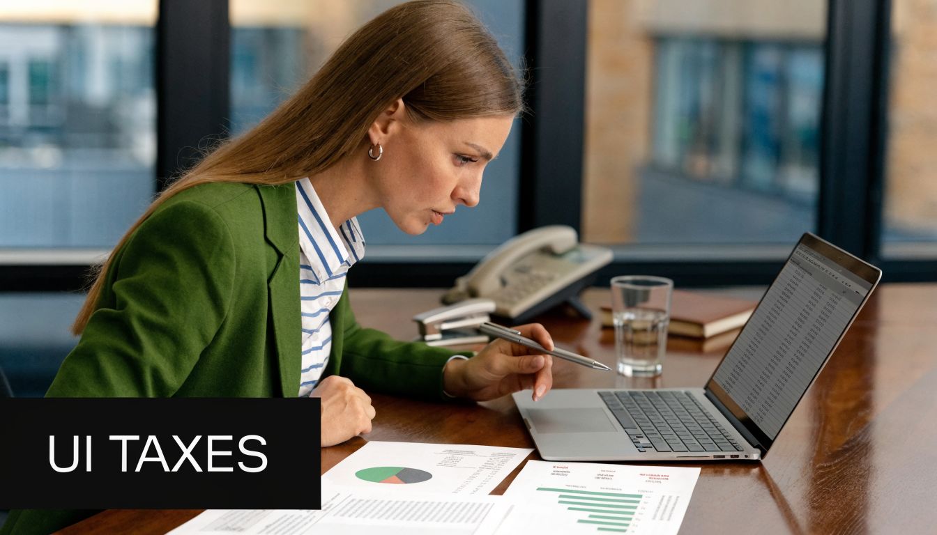 A businesswoman in a green blazer reviewing financial data on a laptop in an office setting.