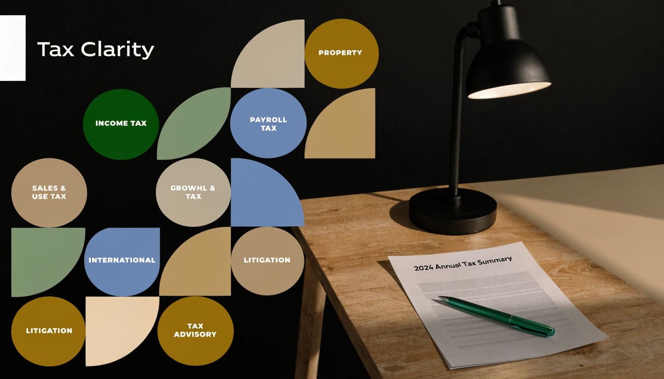 A creative infographic showing various tax categories beside a desk with a tax summary document.