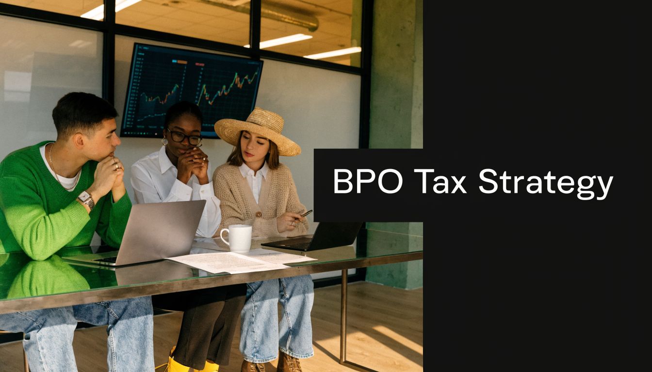 A professional team collaborating on a BPO tax strategy project in a modern office meeting room.