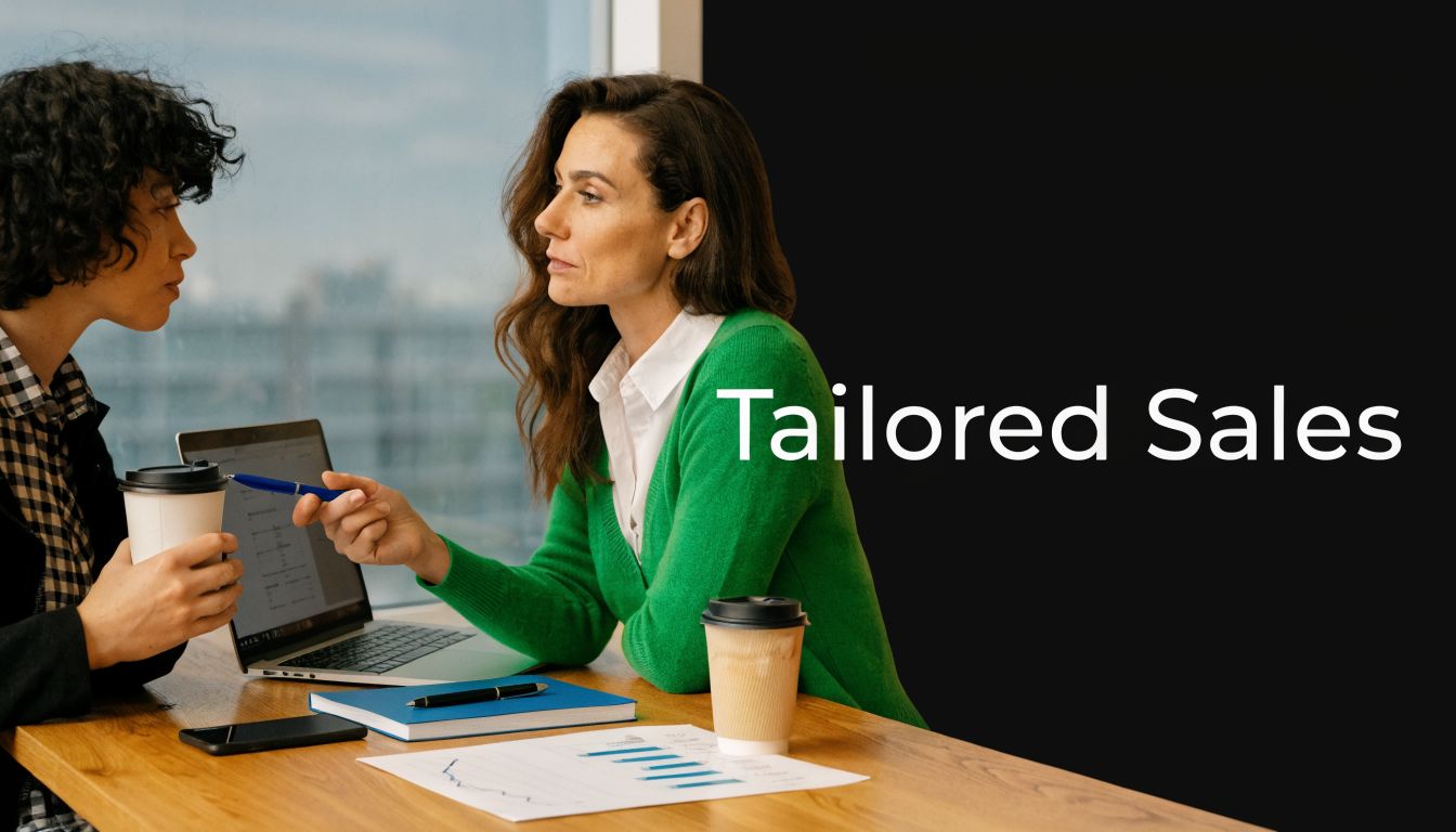 A professional woman in a green sweater discusses business strategy with a colleague over coffee at work.