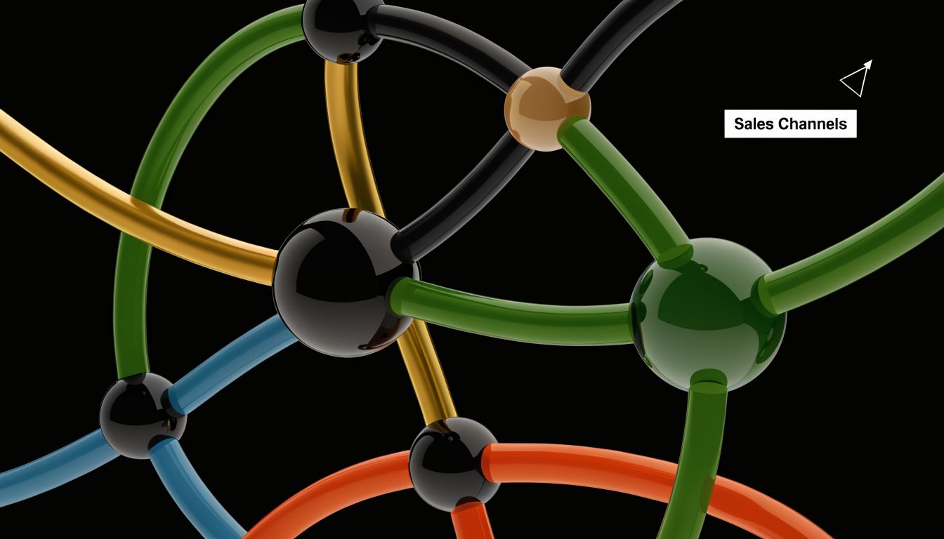 A 3D abstract visualization of a connected network of colorful spheres and lines labeled Sales Channels.