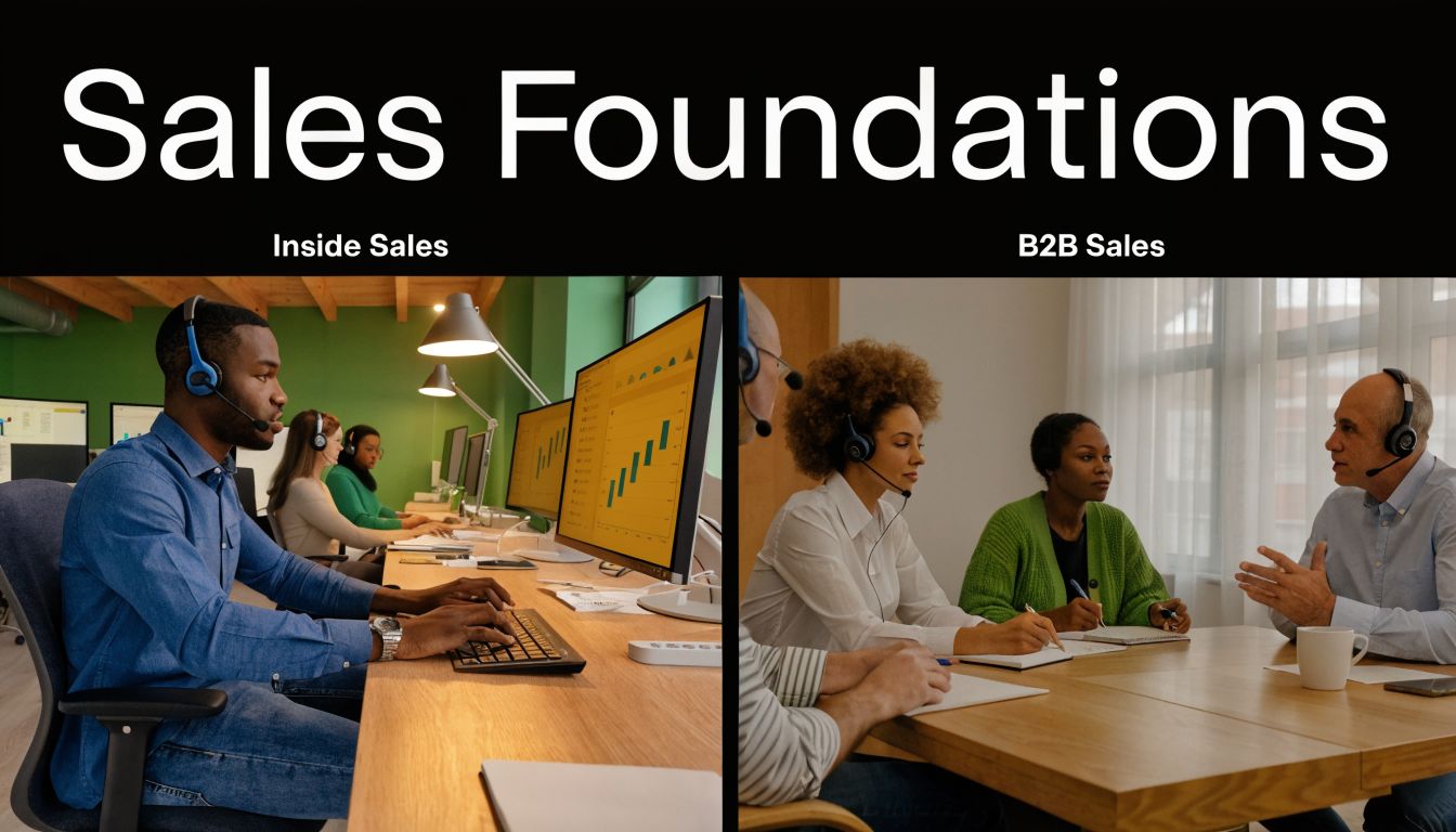 A split-screen comparison showing inside sales staff working on computers versus B2B sales professionals collaborating at a table.