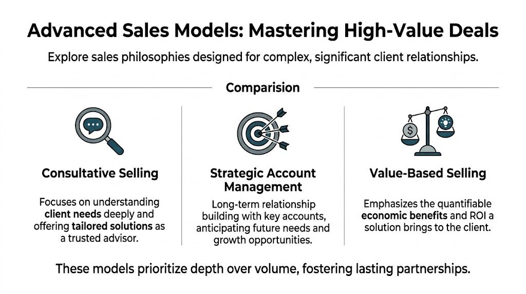 An infographic titled Advanced Sales Models showing three key approaches: Consultative Selling, Strategic Account Management, and Value-Based Selling.