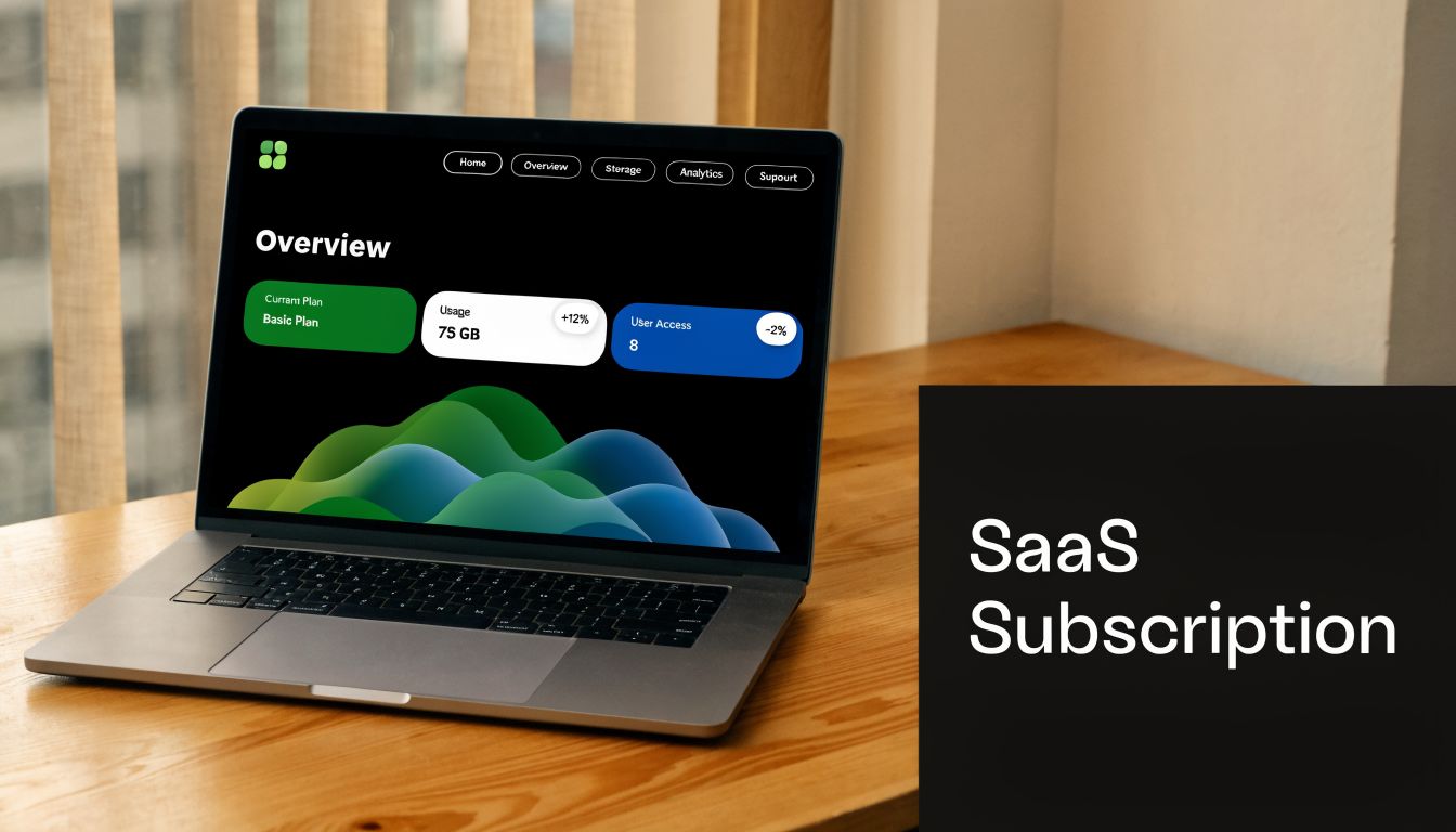 A laptop on a wooden desk displaying a SaaS subscription dashboard interface with analytics and usage metrics.