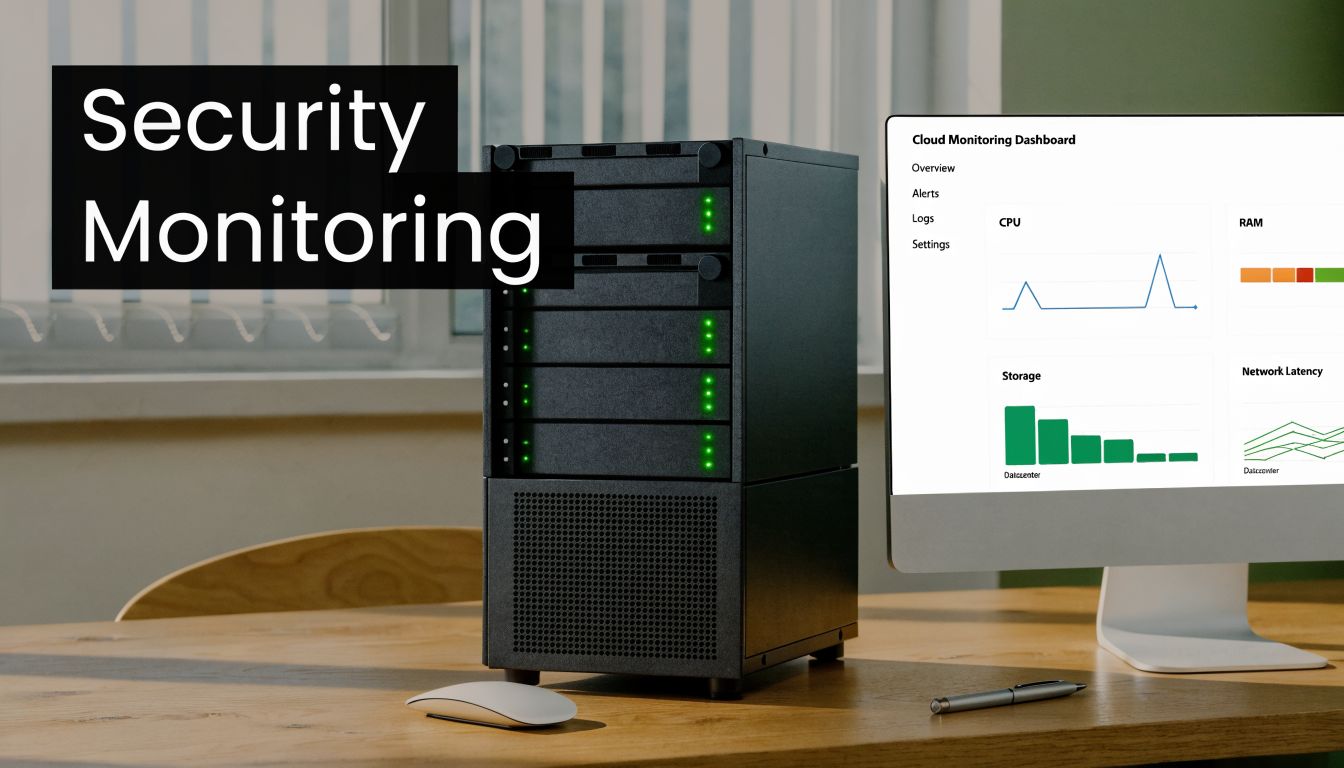 A sleek server tower and computer monitor displaying a security monitoring dashboard on a wooden desk.