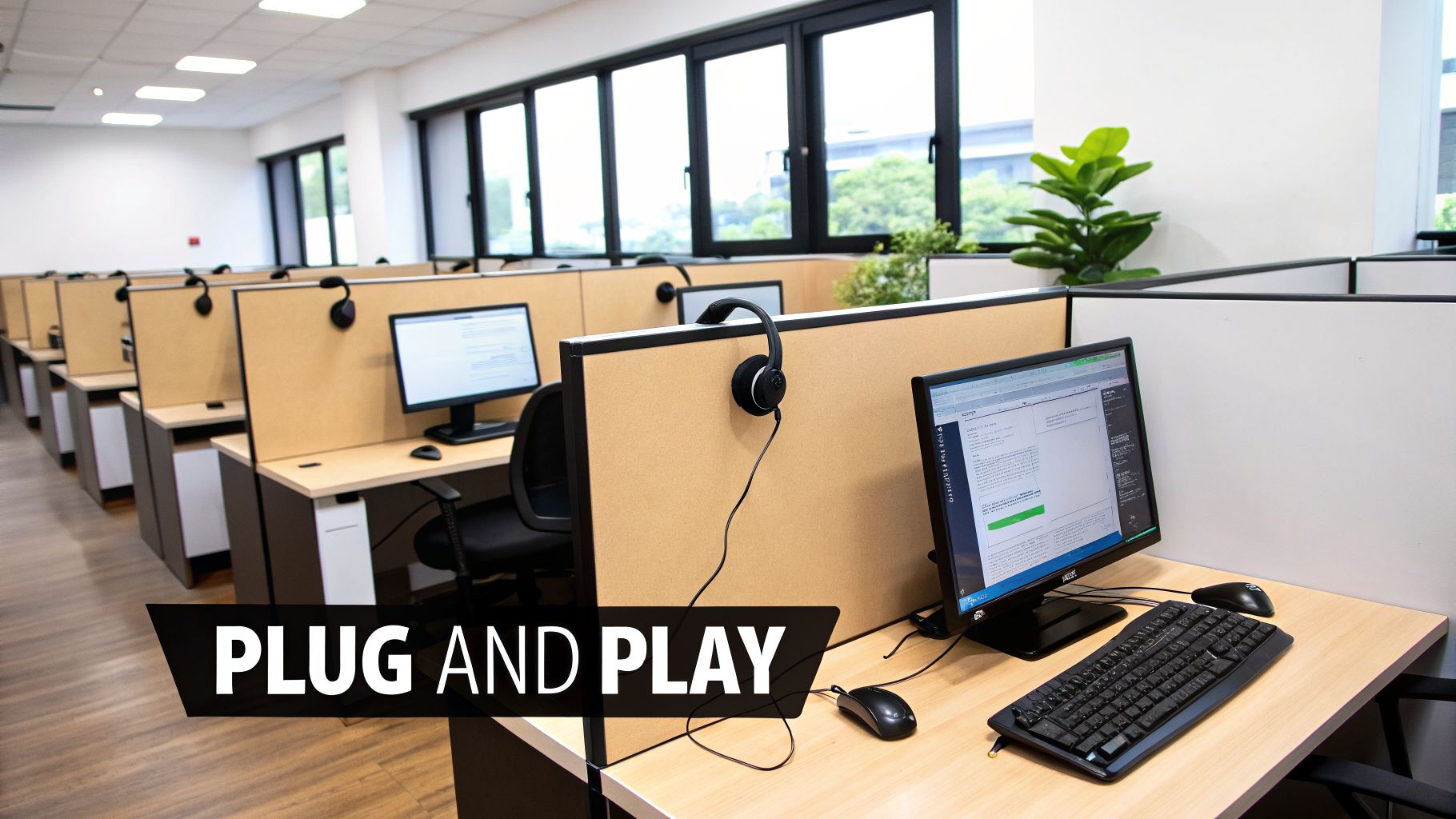 An empty modern call center office with rows of cubicles, computers, and headphones.