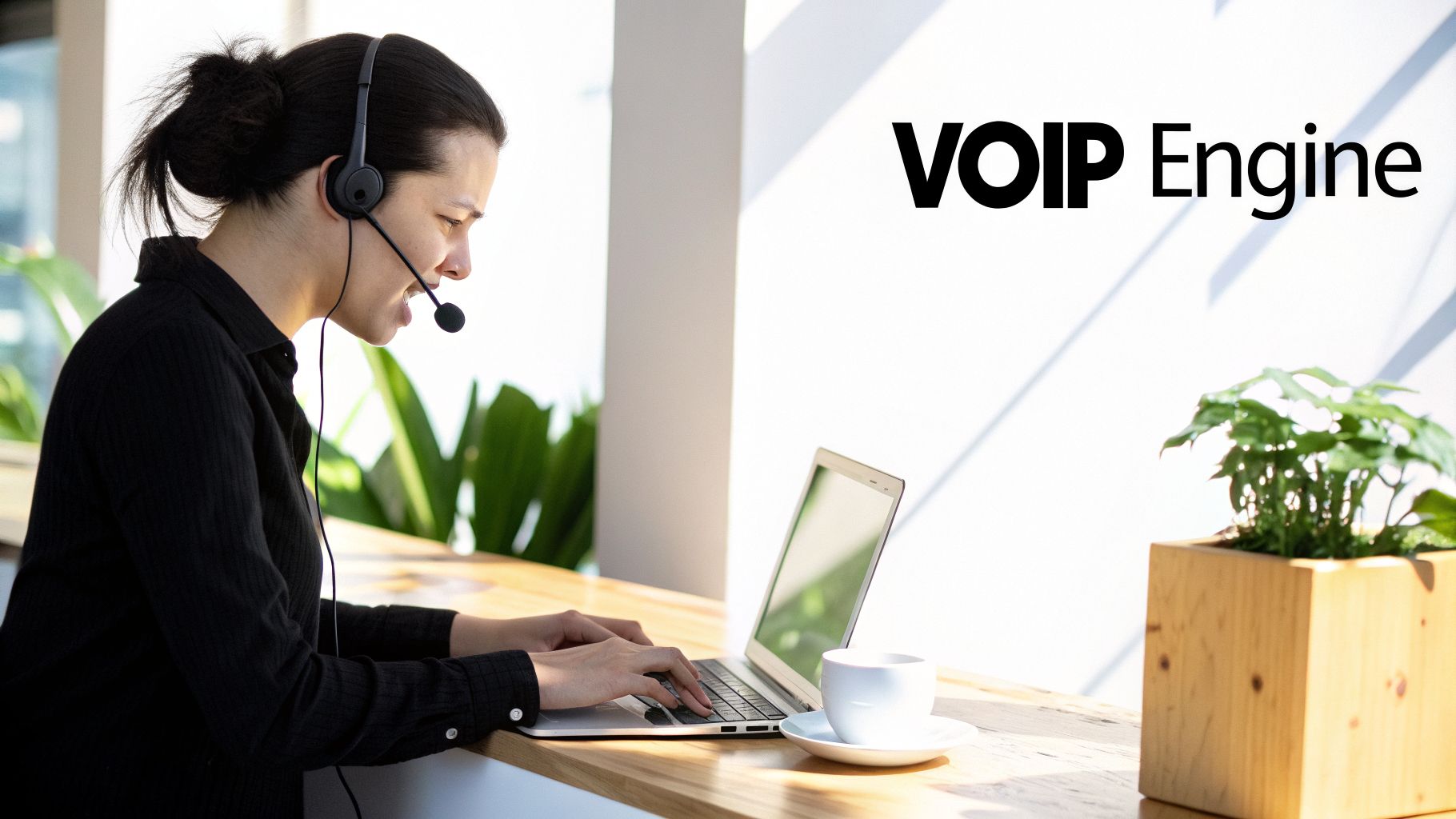 A female call center agent wearing a headset types on a laptop, with 'VOIP Engine' in the background.