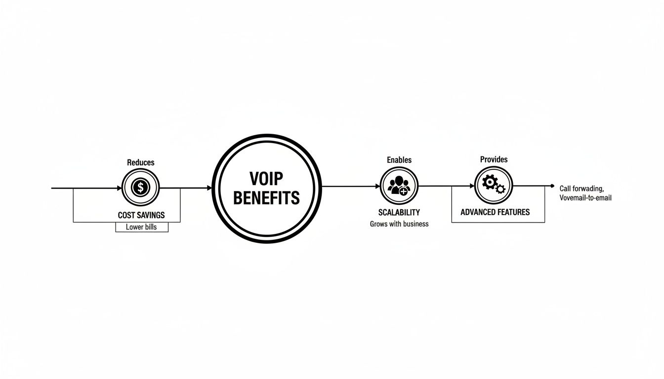 Flowchart illustrating VoIP benefits: cost savings, scalability, and advanced features like call forwarding.