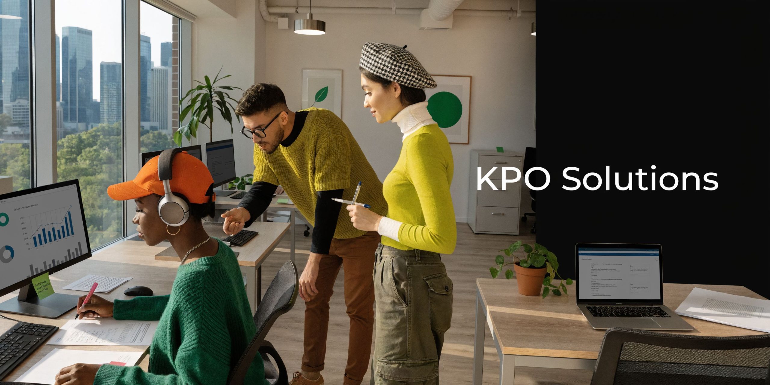 A diverse team of professionals collaborating on business analysis tasks in a modern office workspace with city views.