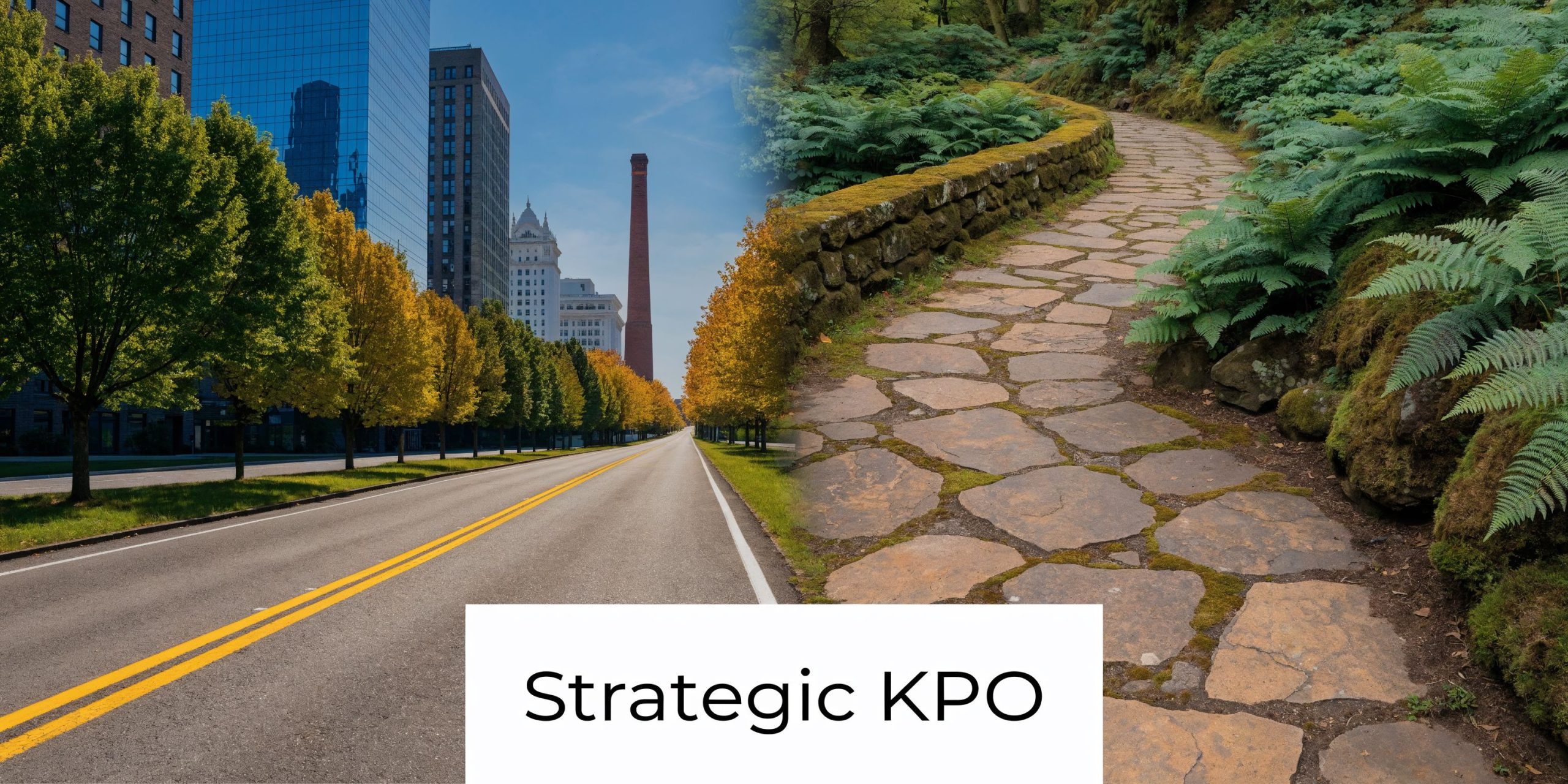 A split composition featuring a city street on the left and a lush nature trail on the right.