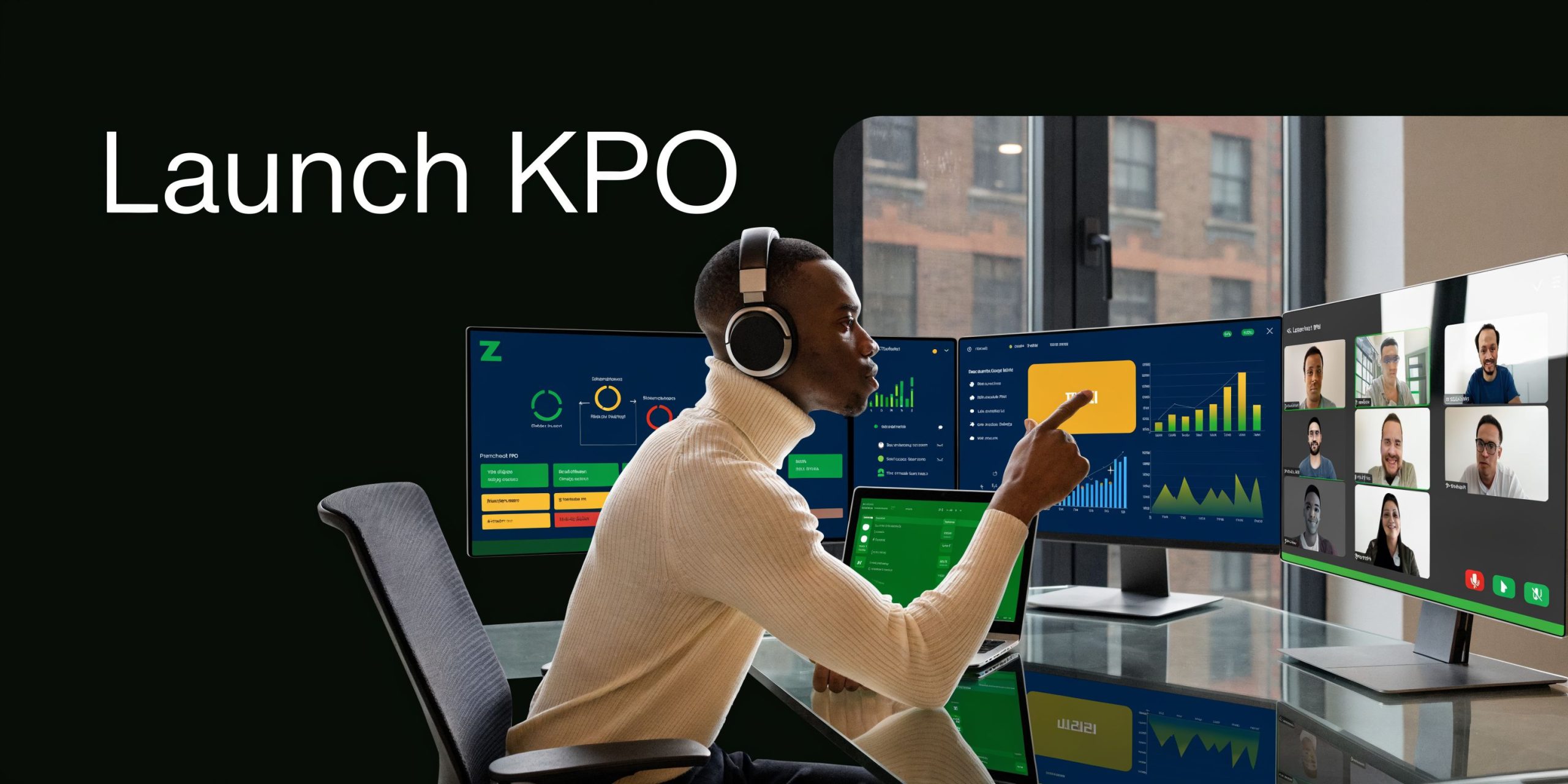 A professional man with headphones sitting at a desk and pointing at a computer monitor screen display.