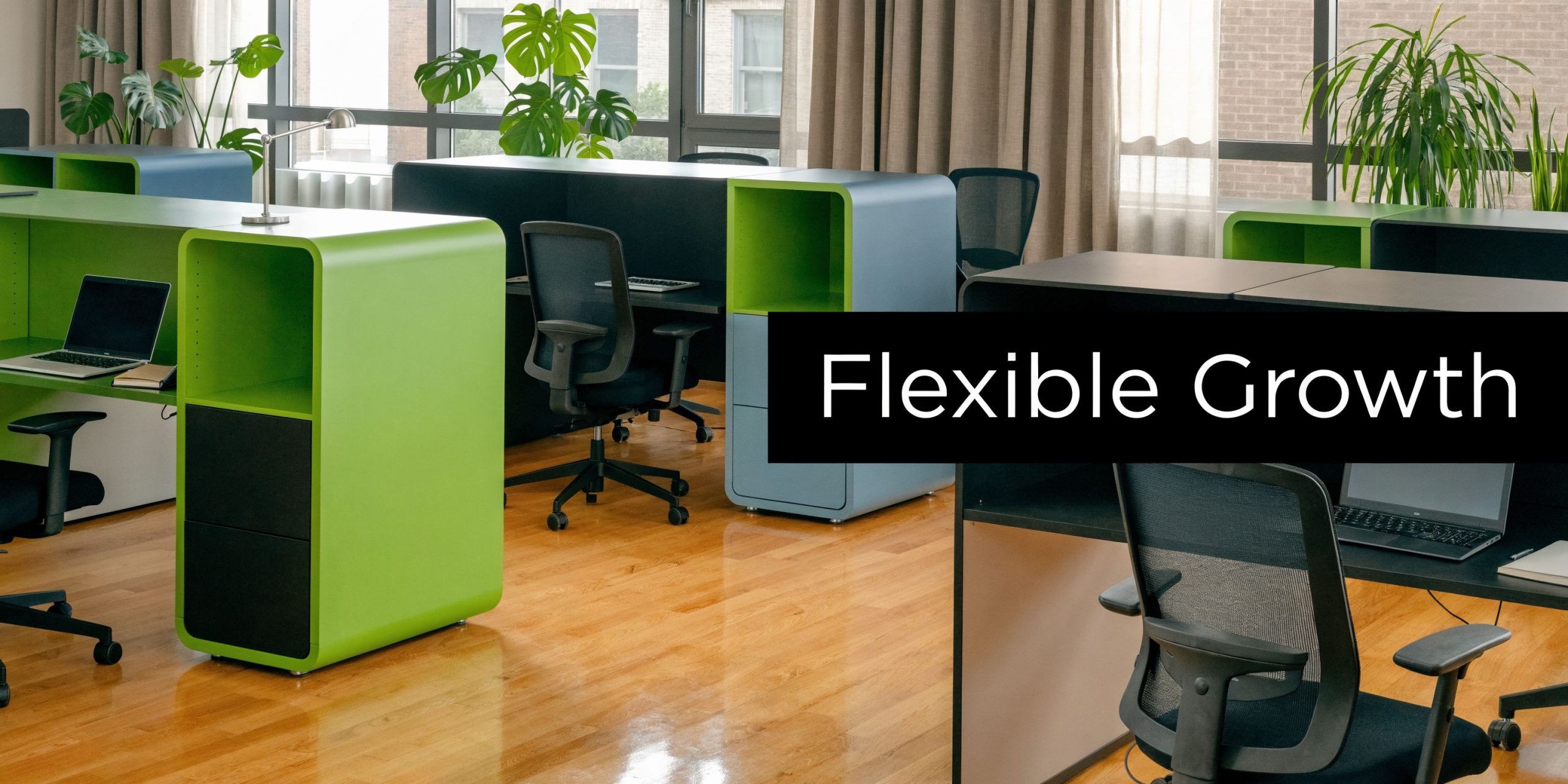 A modern office space featuring minimalist green and grey workstations, ergonomic chairs, and indoor plants on wooden flooring.