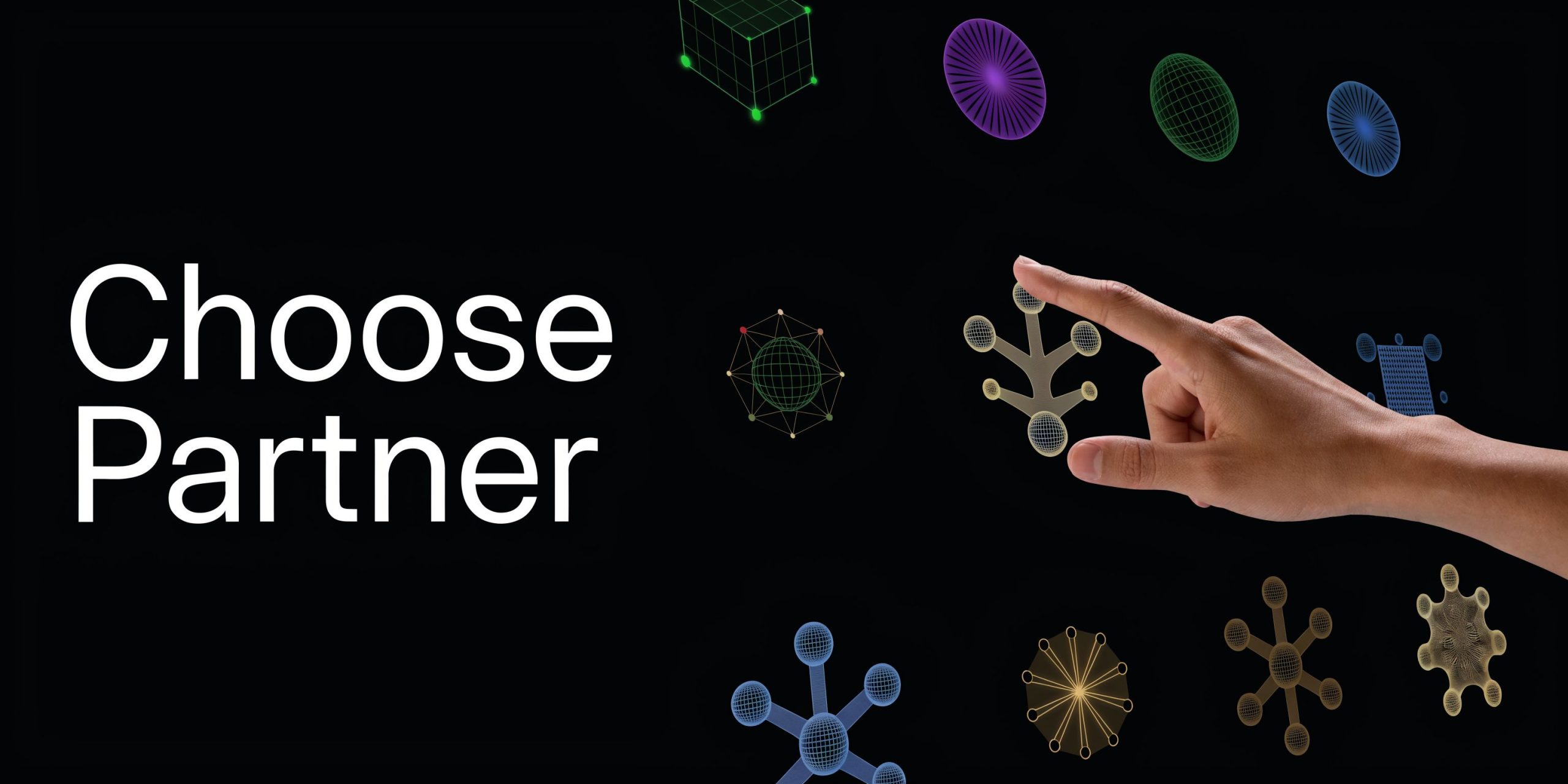 A hand reaches out to touch a digital hologram interface showing various abstract icons and shapes.