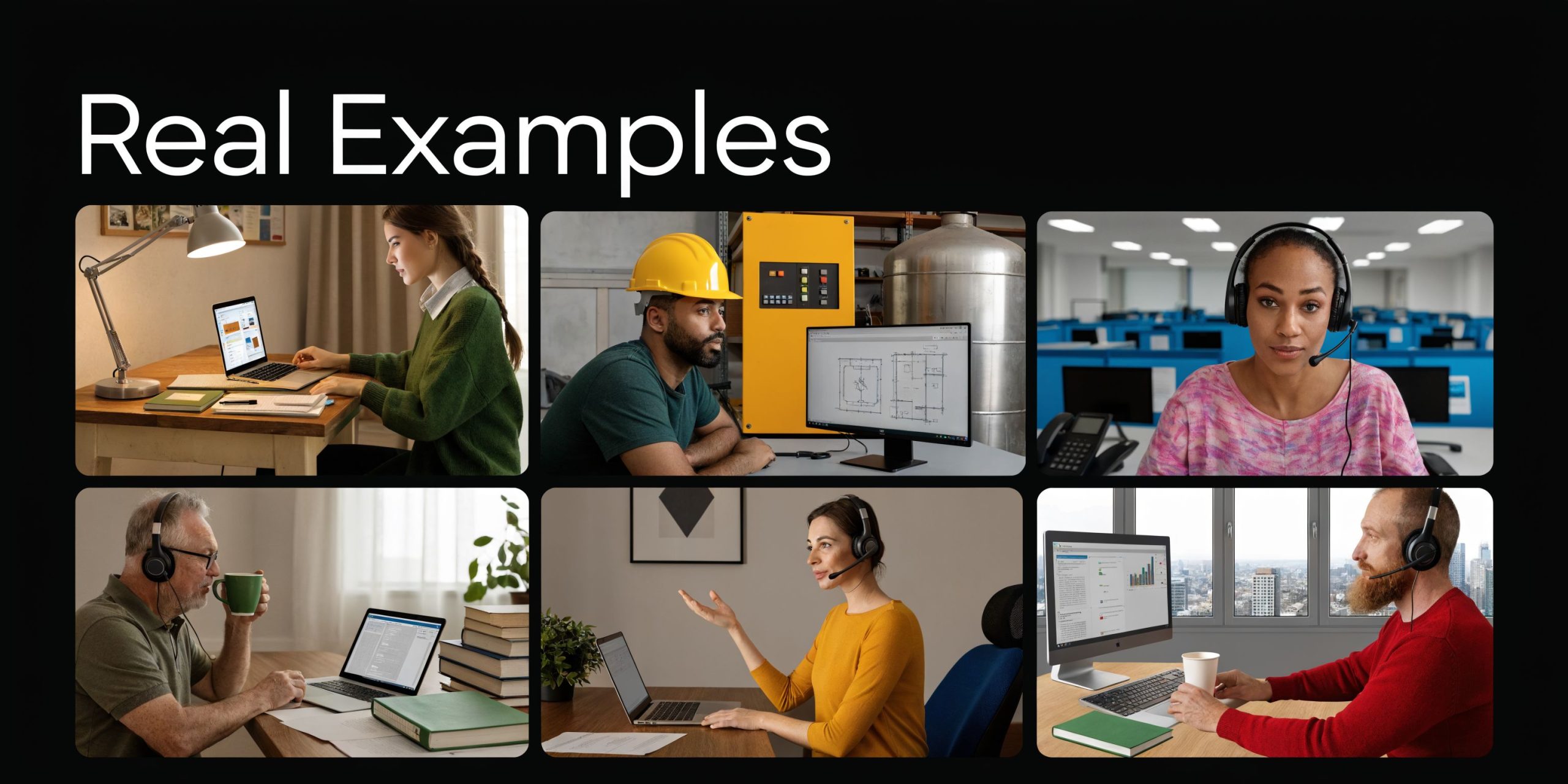 A collage showing diverse professionals working remotely and in office environments using computers and headsets.