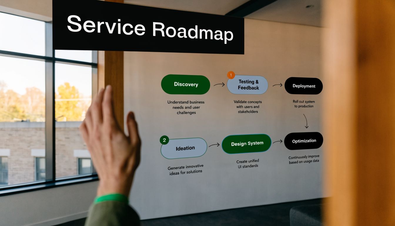 A service roadmap process chart displayed on a wall with phases for discovery, ideation, and system optimization.