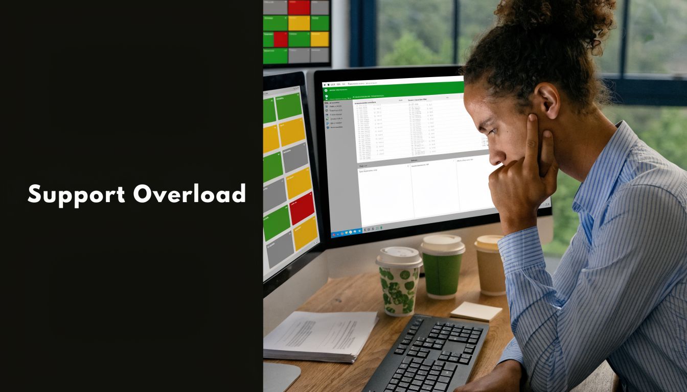 A person looking stressed while working on multiple computer screens showing data and support queue information.