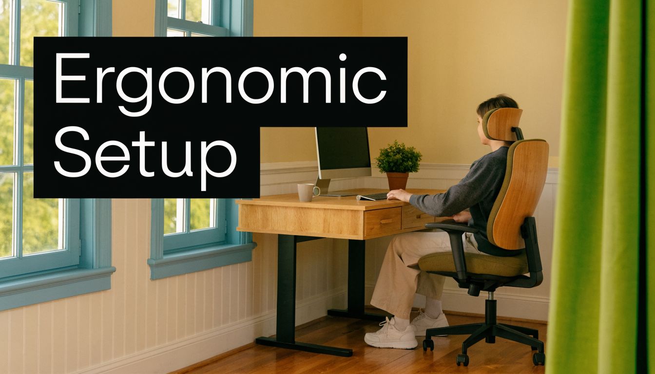 A person sitting at a wooden desk with a computer, demonstrating an ergonomic remote work setup.