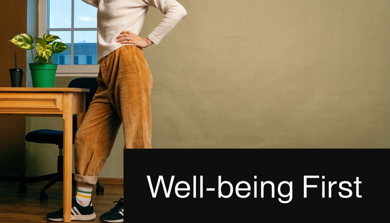 A person standing by a desk in a casual office setting with the text Well-being First.