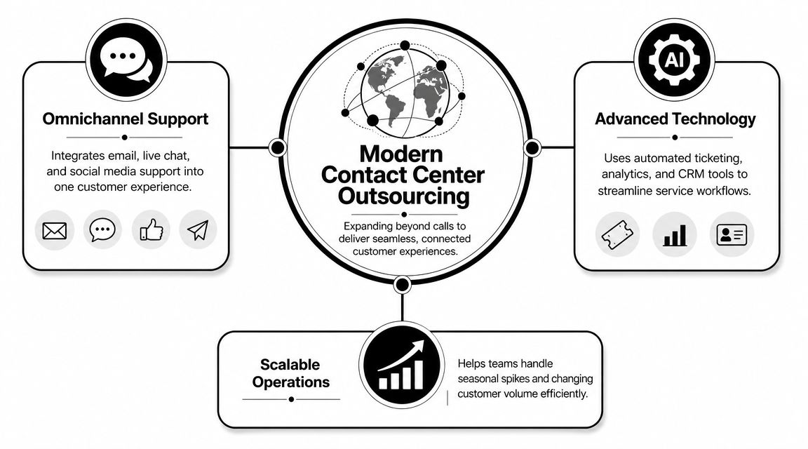 A diagram illustrating the benefits of modern contact center outsourcing including omnichannel support, advanced technology, and scalable operations.