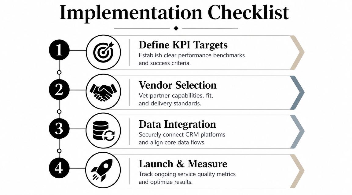 A four-step implementation checklist for business processes, featuring icons for goals, vendors, data integration, and launching.