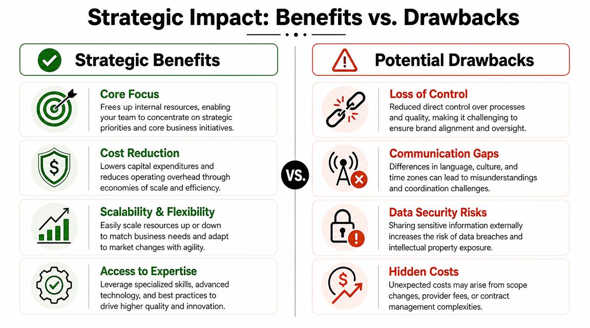 A comparison chart showing the strategic benefits and potential drawbacks of business outsourcing and offshoring strategies.