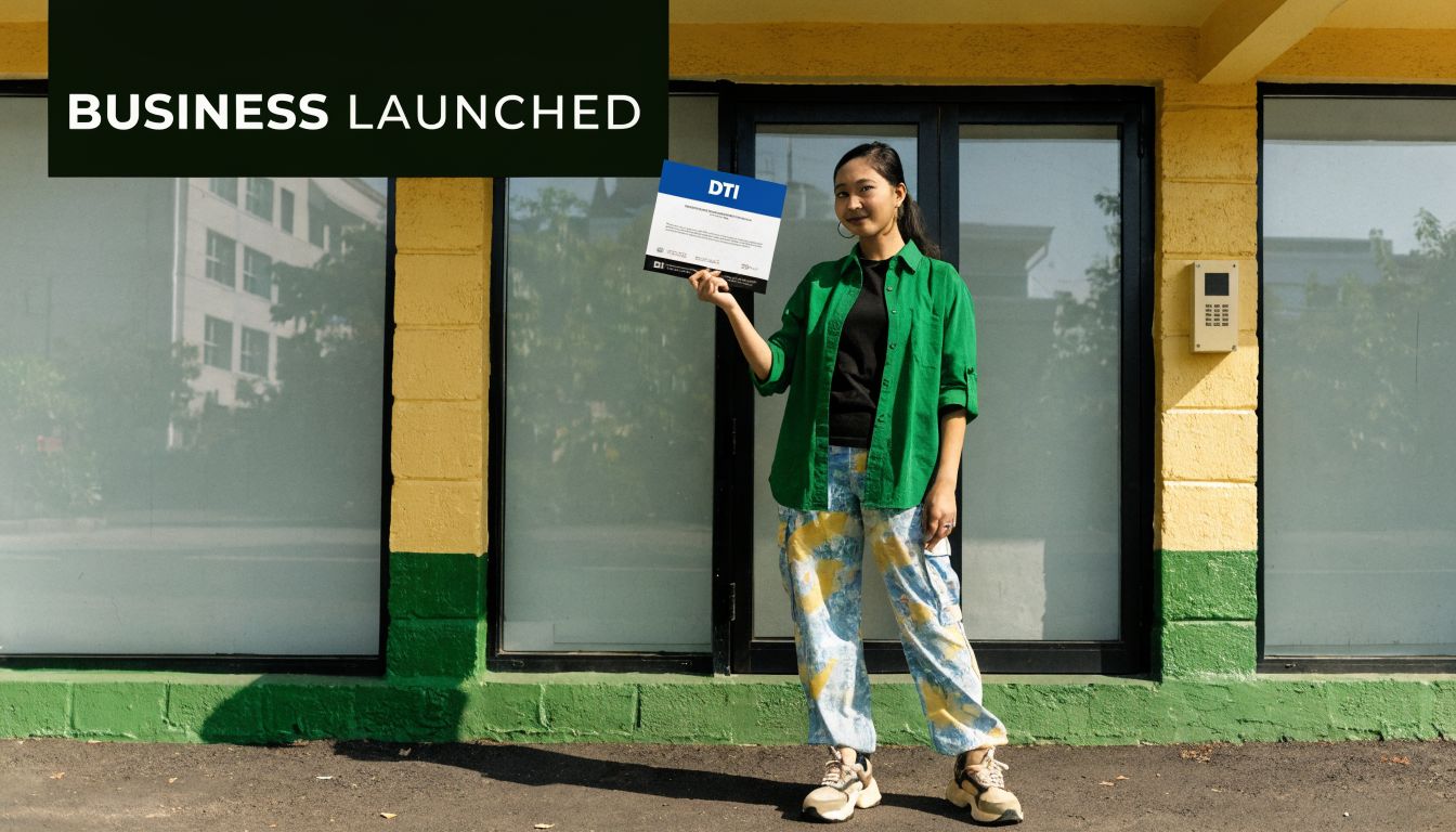 A young woman smiling while holding a DTI business registration certificate in front of a building.