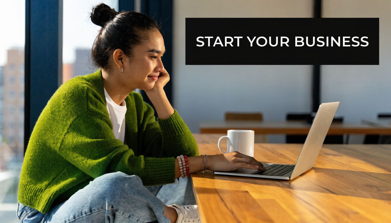 A young woman sitting by a window using a laptop to work on starting her business.