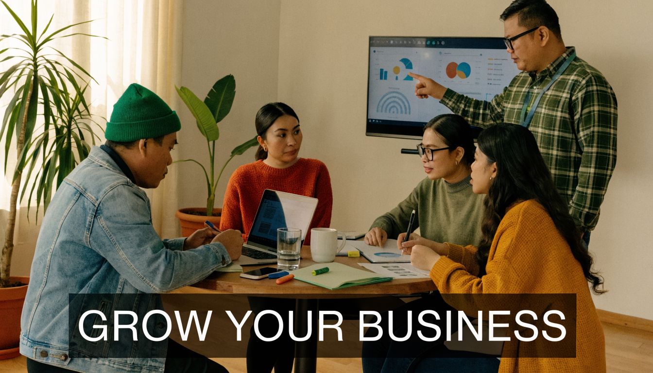 A diverse group of professionals collaborating on a business project around a wooden table in an office.