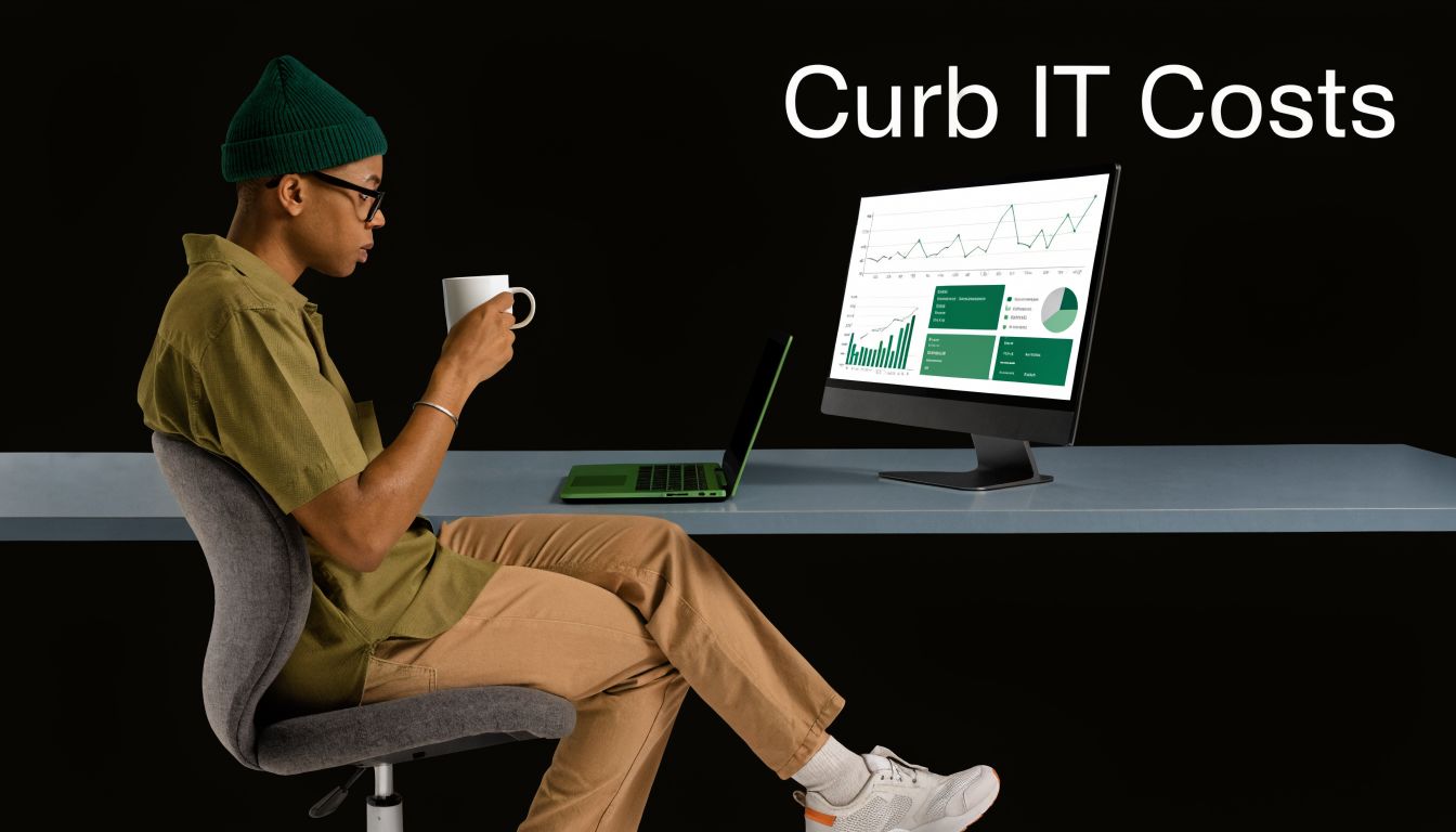 A person sitting at a desk with a laptop and monitor displaying business data analytics charts.