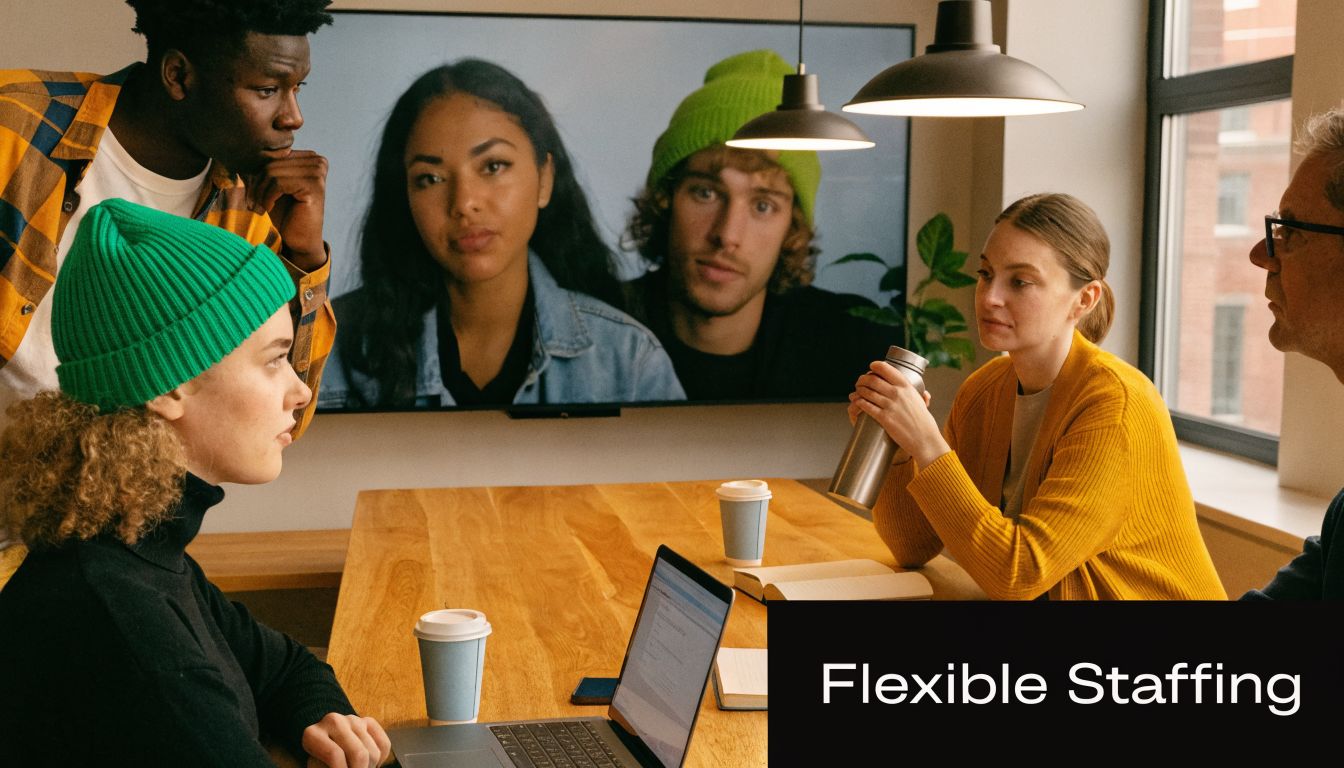 A professional team collaborating in a modern office space during a video conference meeting on screen.