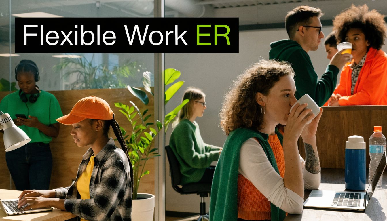 A diverse team of employees working in a modern, open-plan office setting with glass partitions.