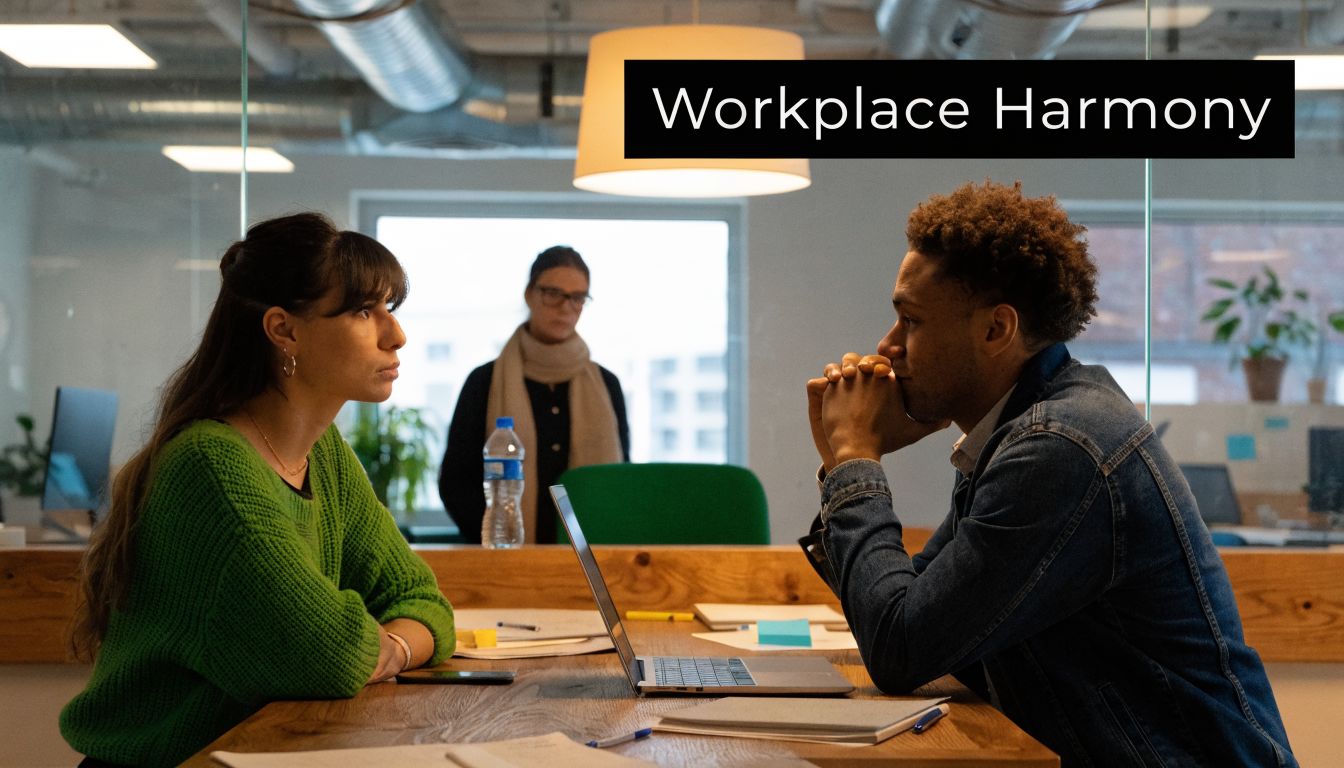A diverse group of colleagues collaborating professionally around a desk in a modern open office setting.