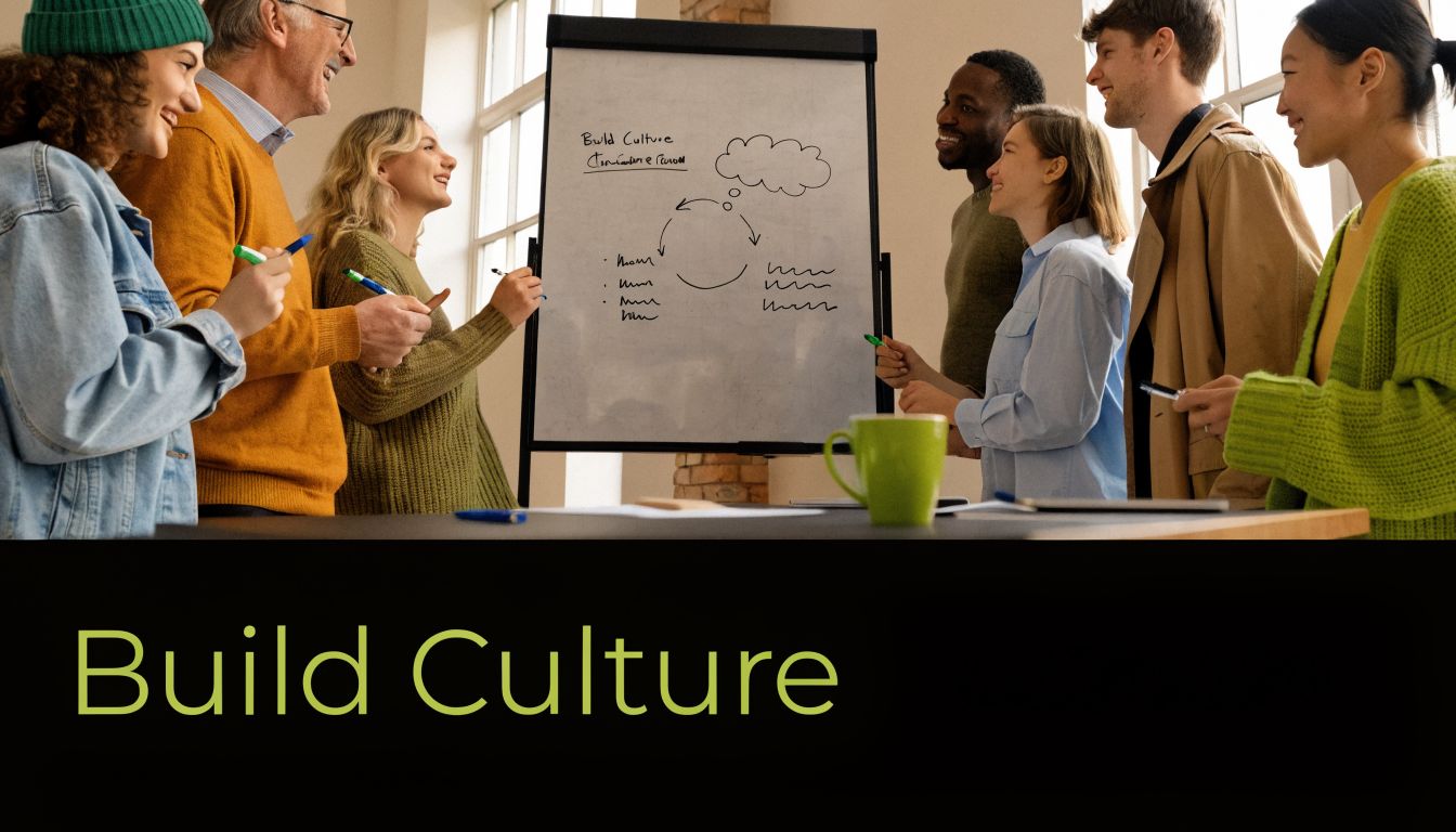 A diverse group of colleagues brainstorming business ideas in front of a whiteboard in an office setting.