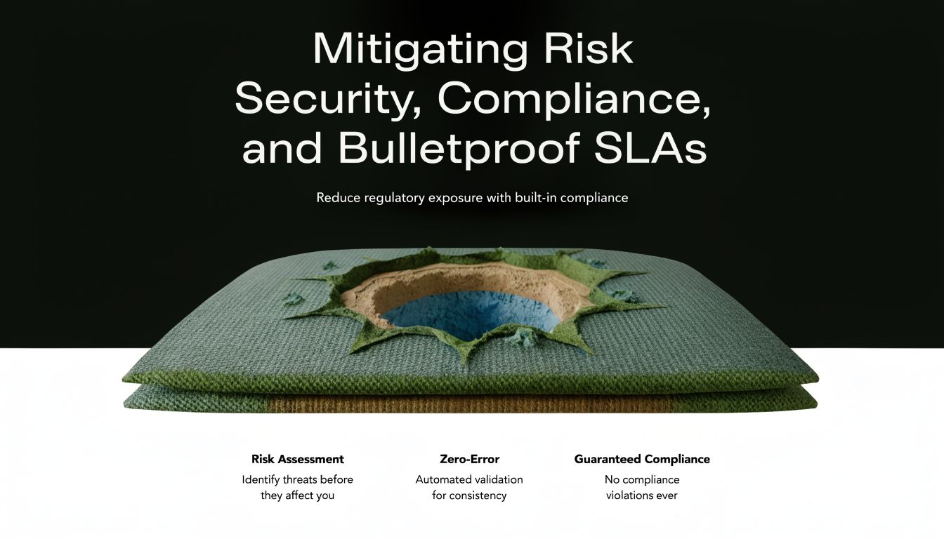 A digital graphic illustrating risk mitigation with a cratered landscape surface representing security and compliance solutions.