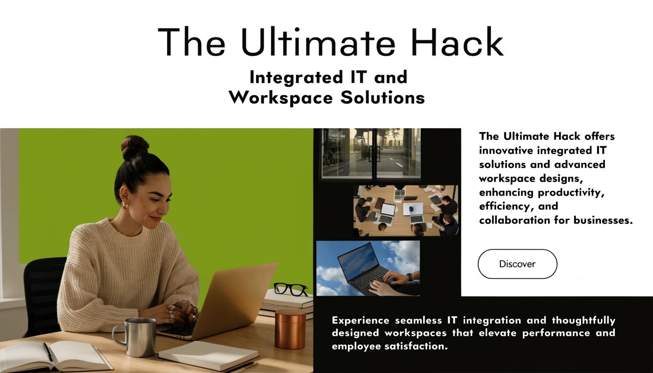 A woman working on a laptop at a wooden desk with office supplies and integrated technology solutions.