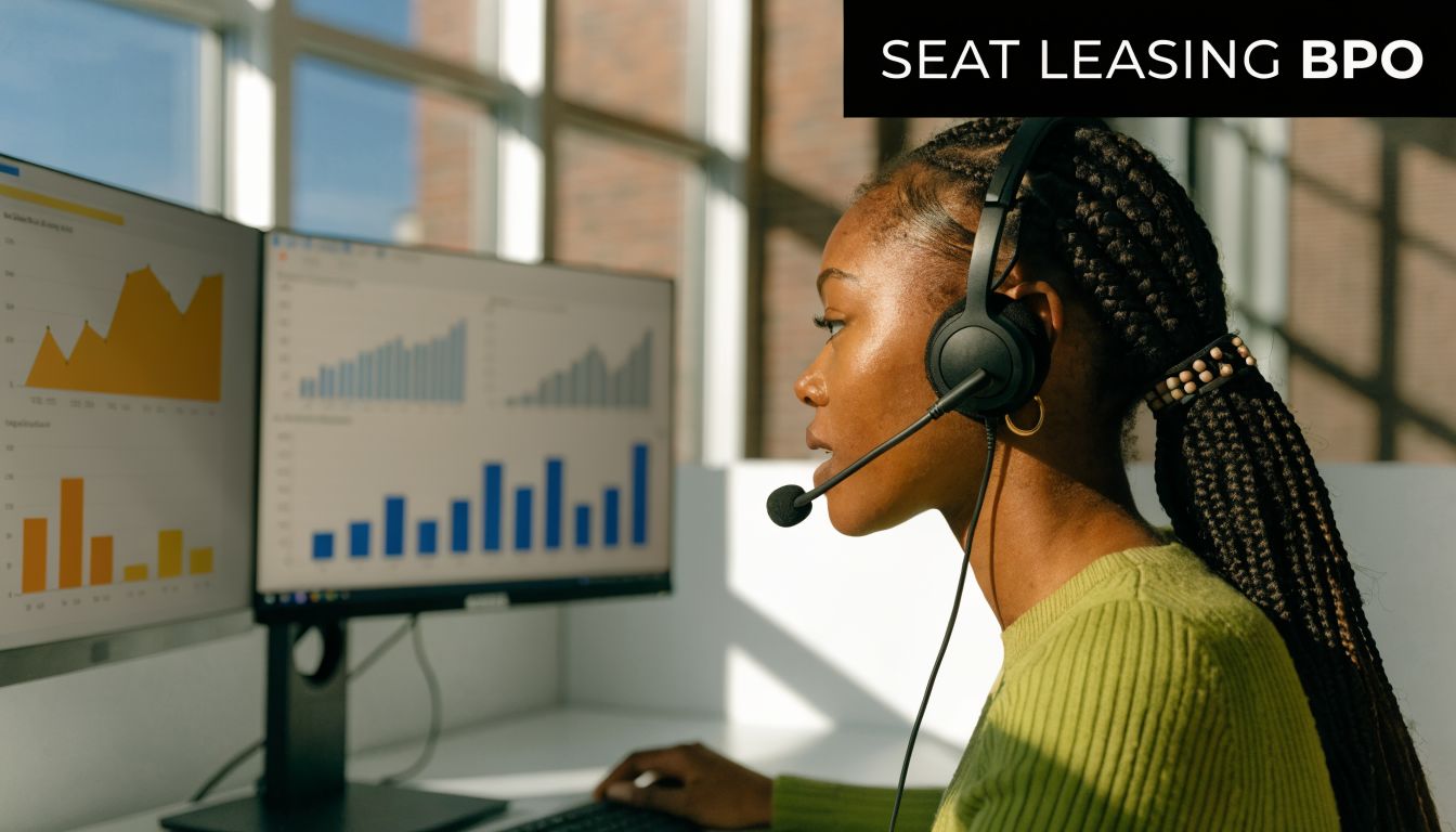 A professional customer service representative wearing a headset while working on data analysis in an office.