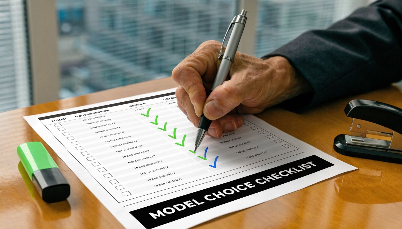 A professional checking off a model choice checklist document on a desk with a pen and stapler.