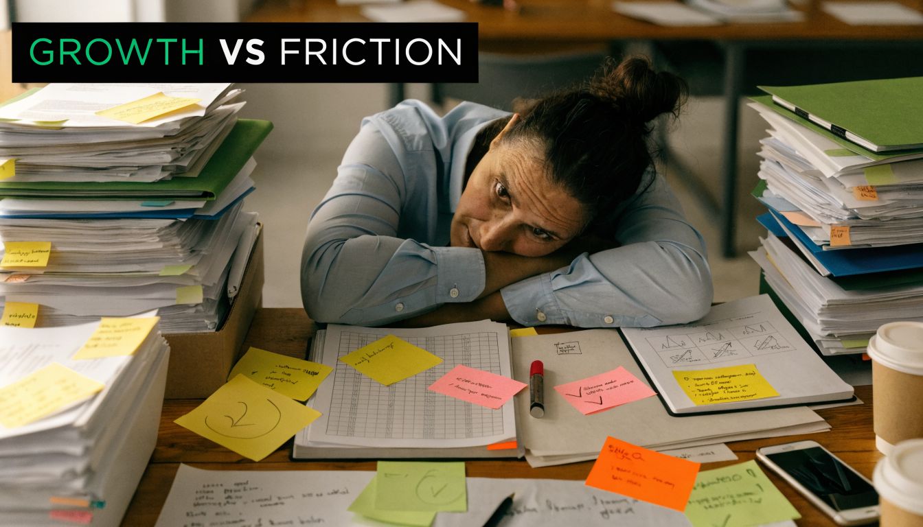 A tired office worker resting her head on a desk piled high with stacks of paperwork.