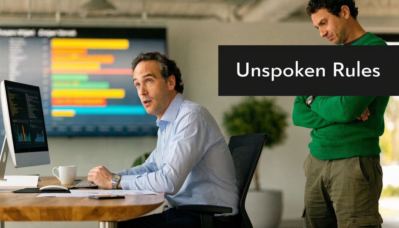A professional man at a desk with a computer while a colleague stands beside him, discussing work.