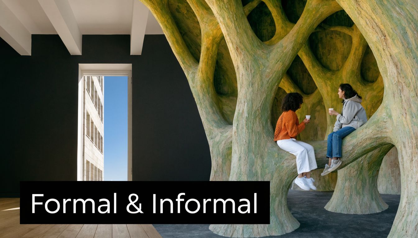 Two people having a casual conversation while sitting on a large, organic-shaped sculpture inside a modern gallery.