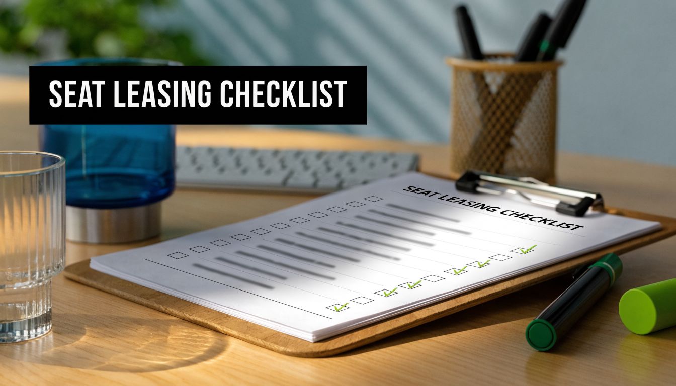 A close-up view of a seat leasing checklist document on a wooden desk with office supplies.