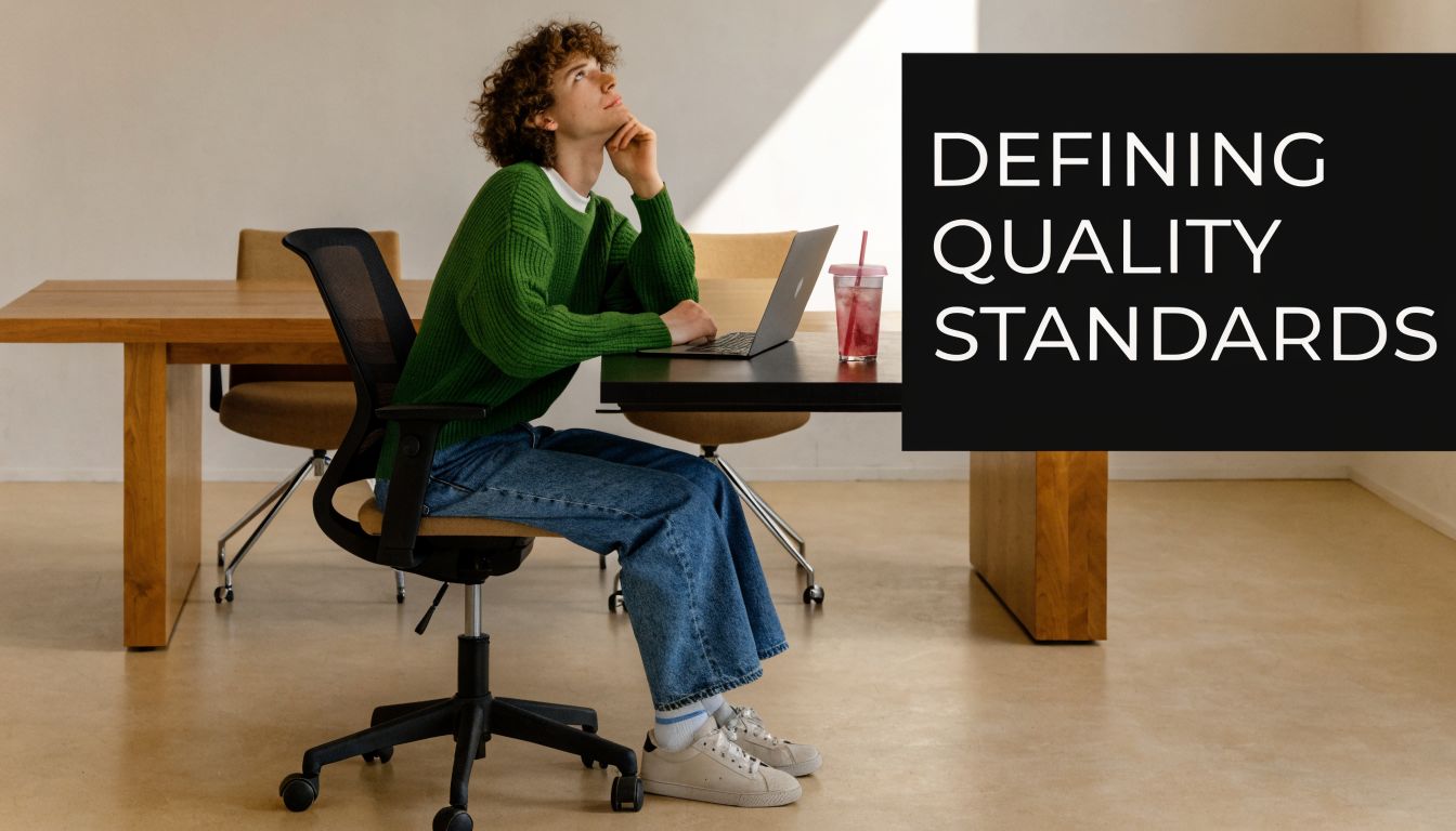 A young person with curly hair sitting at a table with a laptop, looking up thoughtfully.