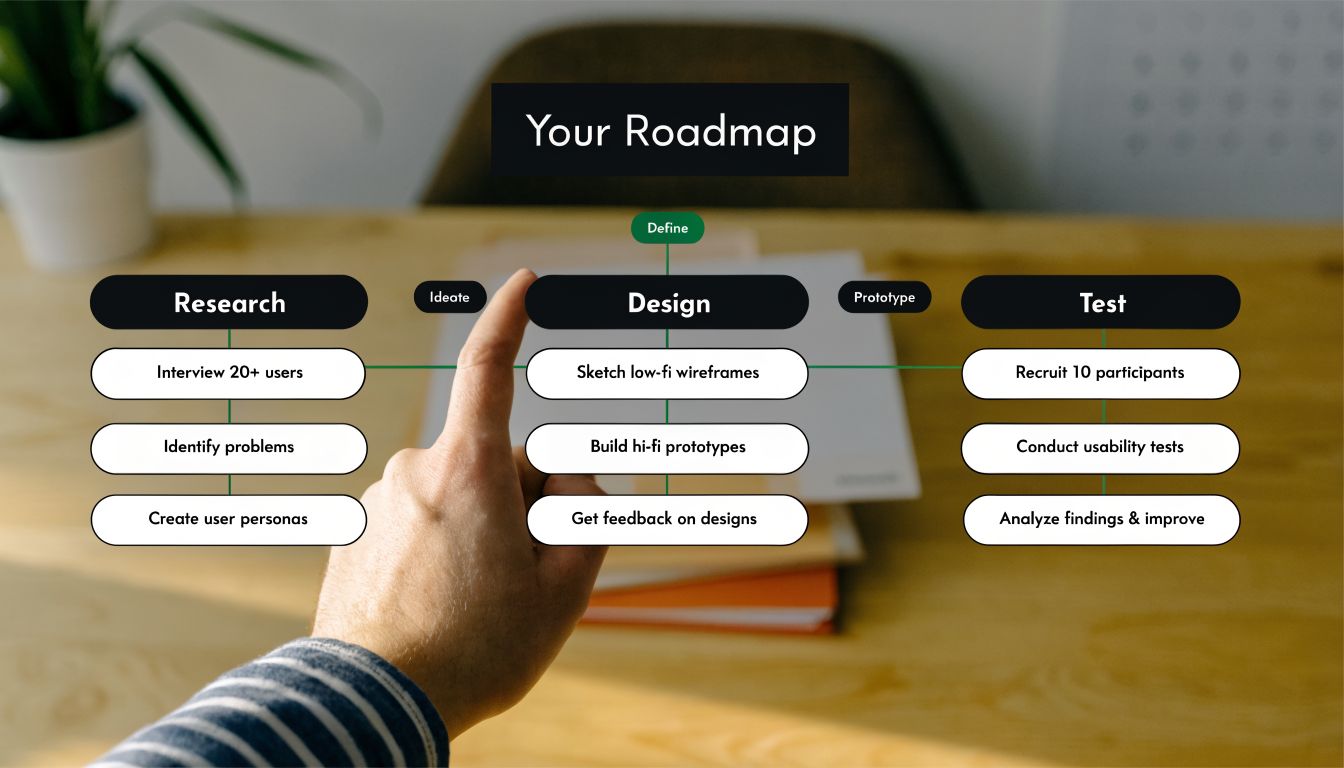 A visual roadmap for a user experience design process featuring research, define, design, and test phases.