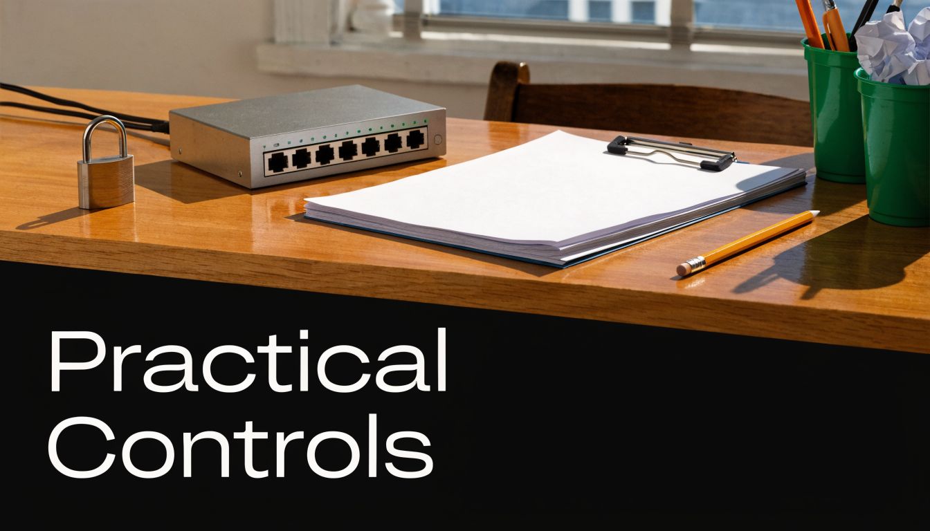 A wooden desk featuring a metal network switch, a clipboard with white paper, and a lock.